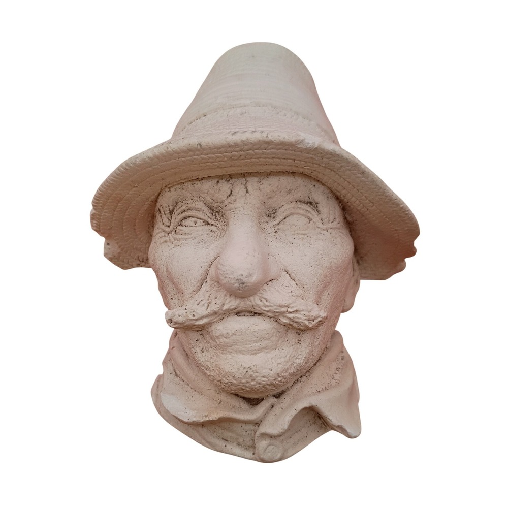 Wall Hanging Bust Sculpture Farmer Man Mustache Straw Hat Off-White Rustic